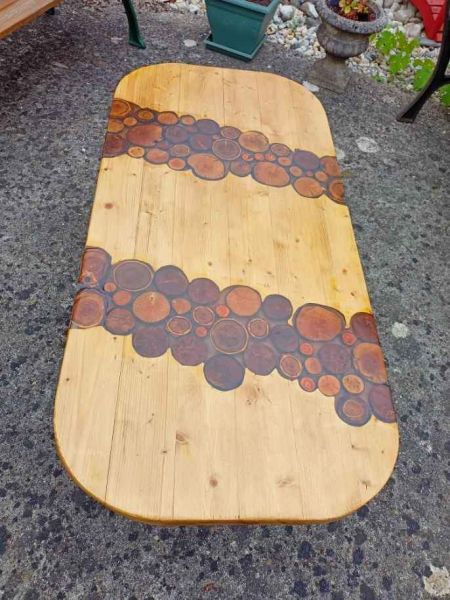 Pine table with cross cut end on log inlay with resin image two